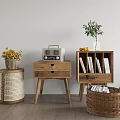 Wooden Entryway Cabinet And Side Cabinet With Woven Basket Radio Plant Books And Fruits