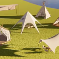 Scenic Camping Site With Various Tents Bell Tents Tipi And Waterfront Grassland