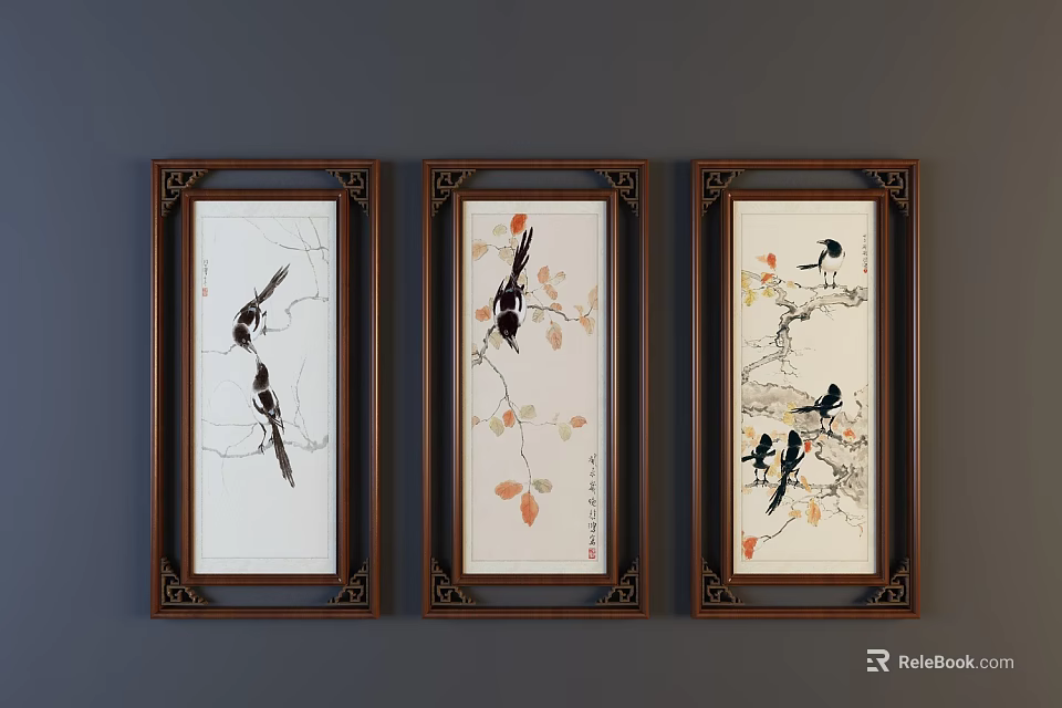 Traditional Bird Animal Paintings in Wooden Frames with Decorative Borders and Leaves 3d model 