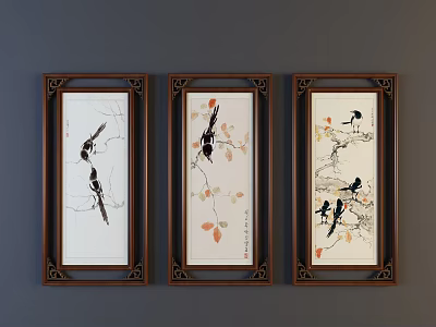 Traditional Bird Animal Paintings in Wooden Frames with Decorative Borders and Leaves 3d model