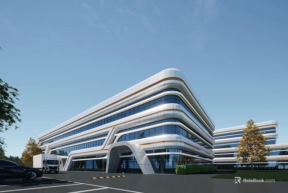 Modern Industrial Factory Building With Glass Curtain Wall Multi Storey Structure Parking Lot And Trees 3d model 