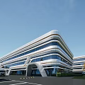 Modern Industrial Factory Building With Glass Curtain Wall Multi Storey Structure Parking Lot And Trees