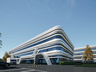 Modern Industrial Factory Building With Glass Curtain Wall Multi Storey Structure Parking Lot And Trees 3d model