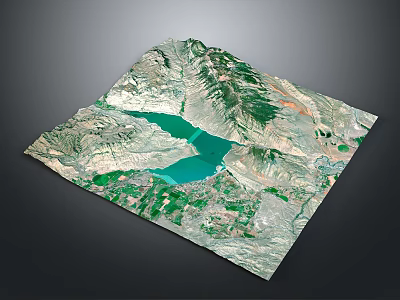 3D Terrain Model Featuring Mountain Ranges Blue Lake And Green Vegetation 3d model