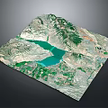 3D Terrain Model Featuring Mountain Ranges Blue Lake And Green Vegetation 3d model