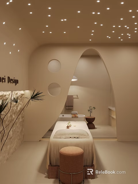 Elegant Beauty Hair Salon Interior With Curved Design Treatment Bed And Green Plants 3d model 