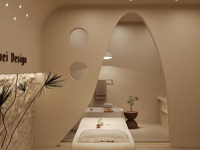 Elegant Beauty Hair Salon Interior With Curved Design Treatment Bed And Green Plants 3d model