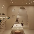 Elegant Beauty Hair Salon Interior With Curved Design Treatment Bed And Green Plants