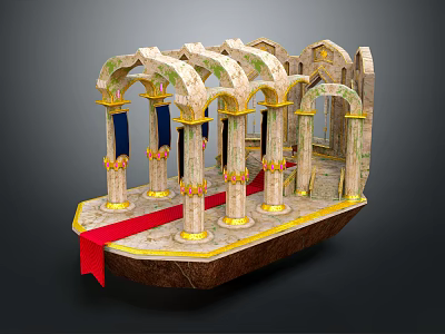Detailed Ancient Architecture With Arched Design Stone Columns Red Strip And Ornate Decorations 3d model