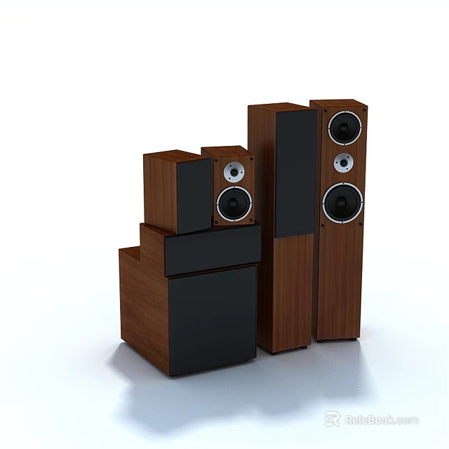 Wooden Home Audio Speaker Set With Black Panels Including Floor Standing And Bookshelf Speakers 3d model 