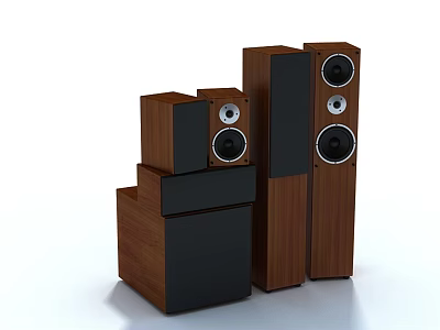 Wooden Home Audio Speaker Set With Black Panels Including Floor Standing And Bookshelf Speakers 3d model