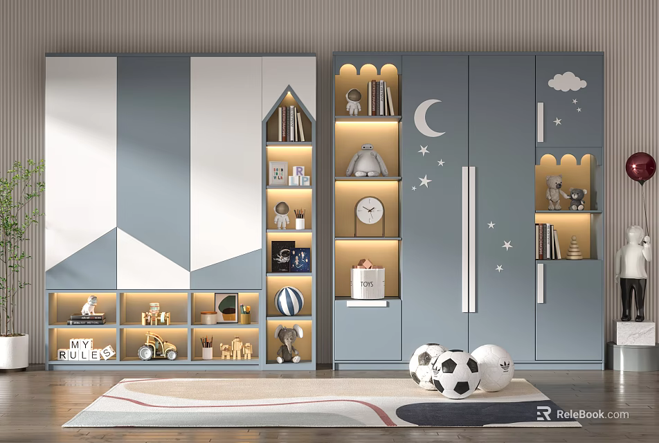 Kids Wardrobe With Geometric Patterns Open Shelves Toys And Moon Star Decorations 3d model 