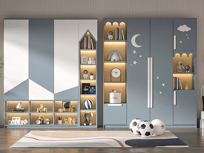 Kids Wardrobe With Geometric Patterns Open Shelves Toys And Moon Star Decorations 3d model