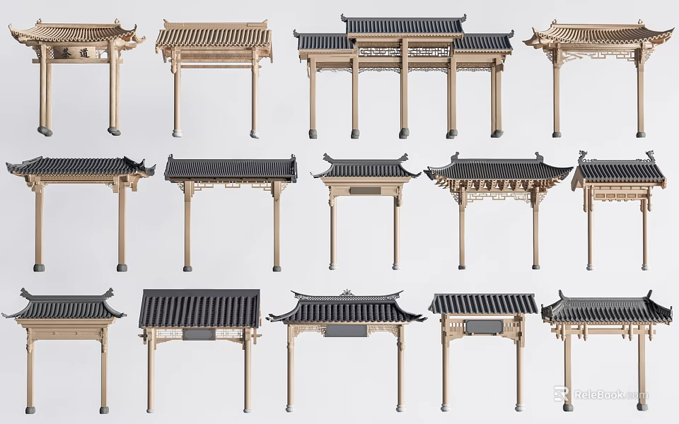 Traditional Memorial Archway Designs With Various Classic Roof Structures And Wooden Details 3d model 