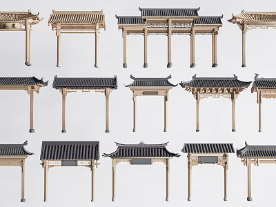 Traditional Memorial Archway Designs With Various Classic Roof Structures And Wooden Details 3d model
