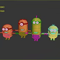 Minion dolls with yellow bodies blue overalls big eyes arms outstretched on black reflective background