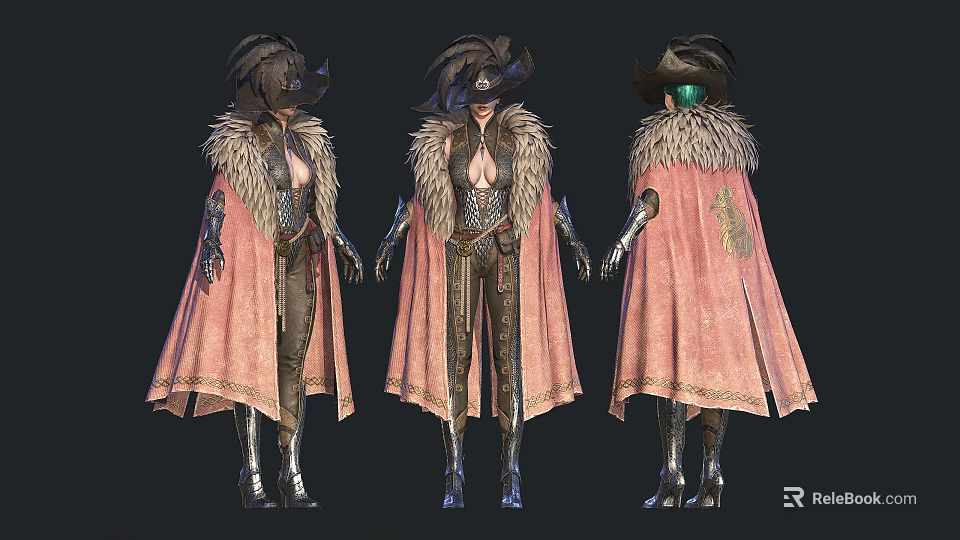 Woman In Feathered Hat Fur Collar Pink Cape And Metallic Armor With Long Boots 3d model 