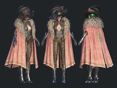 Woman In Feathered Hat Fur Collar Pink Cape And Metallic Armor With Long Boots 3d model