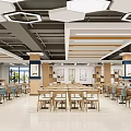 Modern Cafeteria Interior With Hexagonal Ceiling Lights Spacious Floor And Wooden Tables 3d model