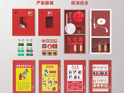 Red Fire Safety Equipment Including Extinguishers Hydrants Cabinets Emergency Signs And Posters 3d model