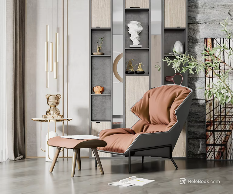 Single Seater Sofa Coral Upholstered Modern With Ottoman Decorative Shelves Side Table And Floor Lamp 3d model 