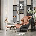 Single Seater Sofa Coral Upholstered Modern With Ottoman Decorative Shelves Side Table And Floor Lamp