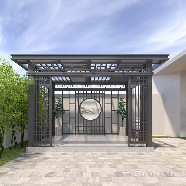 Chinese Style Courtyard Gateway Featuring Carved Lattice Pergola Circular Decor And Bamboo Plants 3d model 