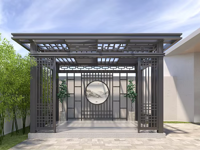 Chinese Style Courtyard Gateway Featuring Carved Lattice Pergola Circular Decor And Bamboo Plants 3d model