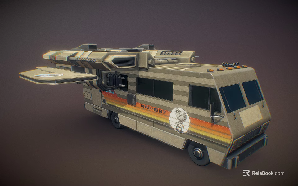 Futuristic KOMBI 007 Modified Van With Mechanical Wings Orange Yellow Stripes And Side Logo 3d model 