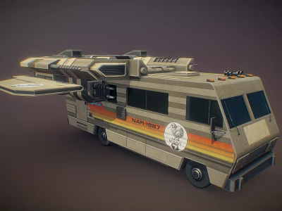 Futuristic KOMBI 007 Modified Van With Mechanical Wings Orange Yellow Stripes And Side Logo 3d model