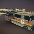 Futuristic KOMBI 007 Modified Van With Mechanical Wings Orange Yellow Stripes And Side Logo
