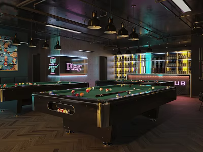Modern Billiard Room Interior With Stylish Tables Chandeliers And Bar Counter 3d model