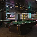 Modern Billiard Room Interior With Stylish Tables Chandeliers And Bar Counter