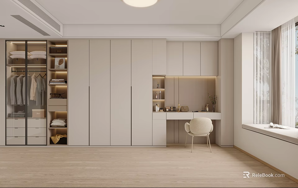 Elegant Modern Dressing Table Interior With Mirror Chair And Storage Cabinets 3d model 