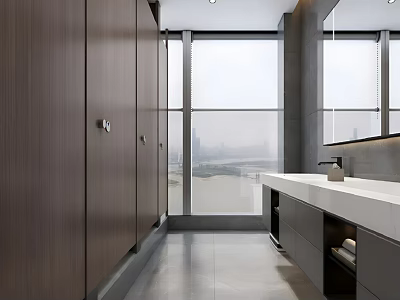 Modern Bright Bathroom With Panoramic Window Overlooking Stunning Riverside City View And Full Storage Cabinets 3d model