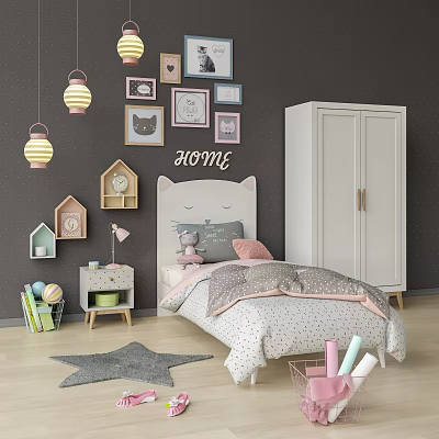 Kids Bed With Cat Headboard Cat Wall Art Hanging Lanterns White Wardrobe And Star Rug 3d model