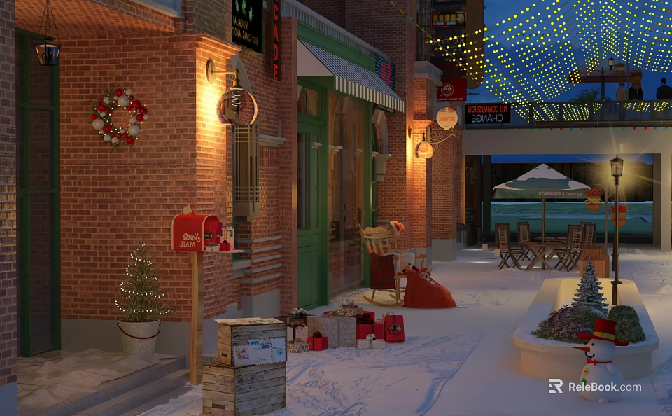 Festive Commercial Street With Red Brick Buildings Christmas Decorations Festive Lights And Snowy Ground 3d model 