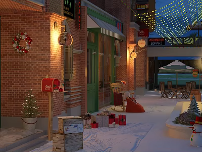 Festive Commercial Street With Red Brick Buildings Christmas Decorations Festive Lights And Snowy Ground 3d model