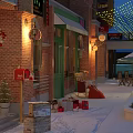 Festive Commercial Street With Red Brick Buildings Christmas Decorations Festive Lights And Snowy Ground