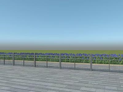 Metal Grid Design Fence With Green Grass Blue Sky And Neatly Paved Ground 3d model