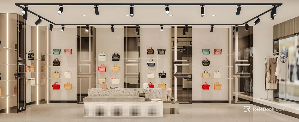 Luxury Handbag Boutique Featuring Colorful Bag Collection Window Display Interior Sofa And Spotlight Lighting 3d model 