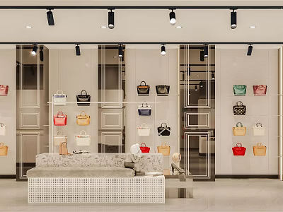 Luxury Handbag Boutique Featuring Colorful Bag Collection Window Display Interior Sofa And Spotlight Lighting 3d model