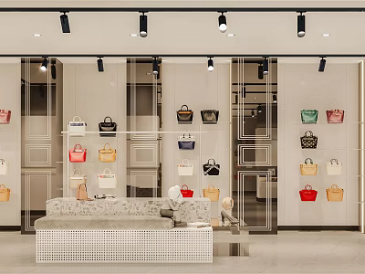Luxury Handbag Boutique Featuring Colorful Bag Collection Window Display Interior Sofa And Spotlight Lighting 3d model