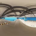 Modern Parking Garage With Blue Pillars White Flooring Directional Arrows And Ceiling Lighting