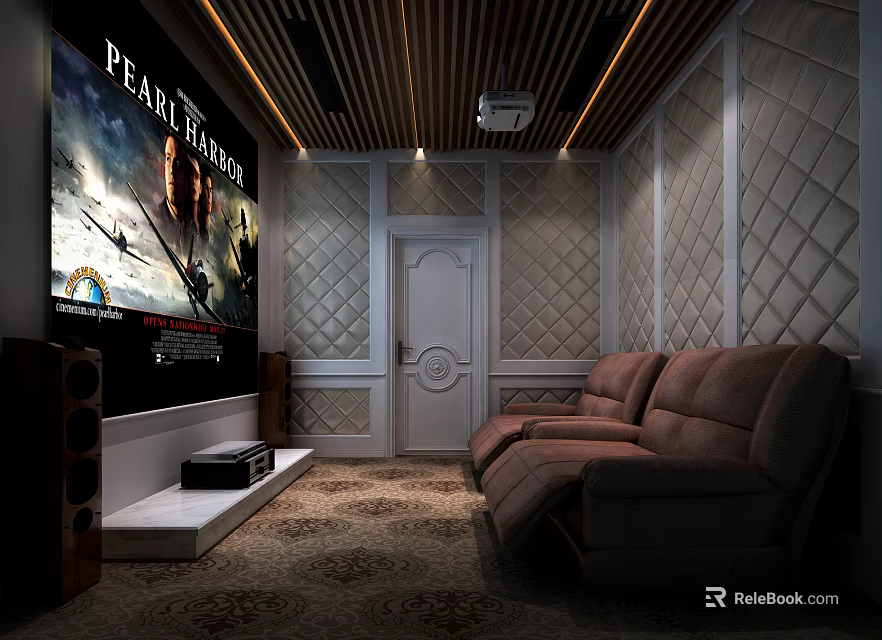 Luxury Home Theater Room Interior Design With Large Screen Brown Leather Sofa And Quilted Walls 3d model 