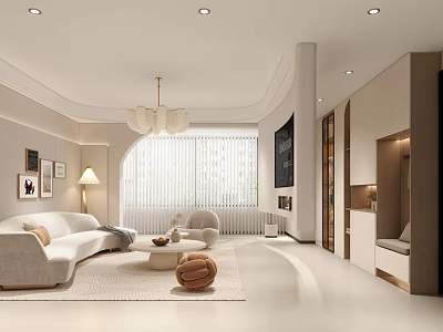 Modern Living and Dining Room with Light Gray Sofa Round Rug Chandelier and Arched Window 3d model