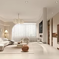 Modern Living and Dining Room with Light Gray Sofa Round Rug Chandelier and Arched Window