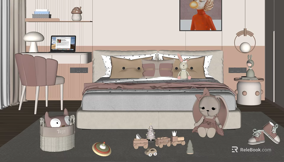 Cozy Double Bed In Modern Bedroom With Plush Pillows Stuffed Toys Toy Train And Desk 3d model 