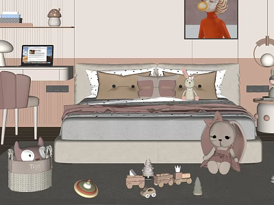 Cozy Double Bed In Modern Bedroom With Plush Pillows Stuffed Toys Toy Train And Desk 3d model