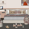 Cozy Double Bed In Modern Bedroom With Plush Pillows Stuffed Toys Toy Train And Desk